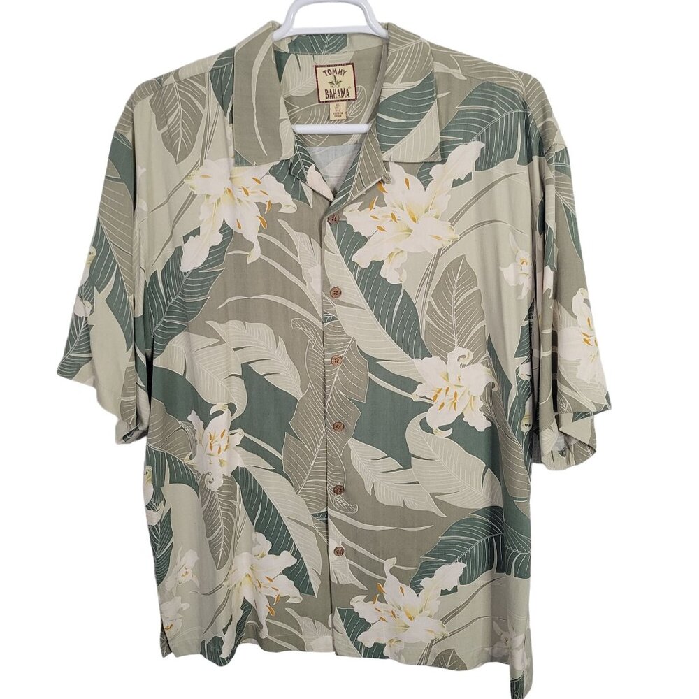 Tommy Bahama Mens Size XL Shirt 100% Silk Twill Hawaiian Camp Hibiscus Green - Picture 2 of 9